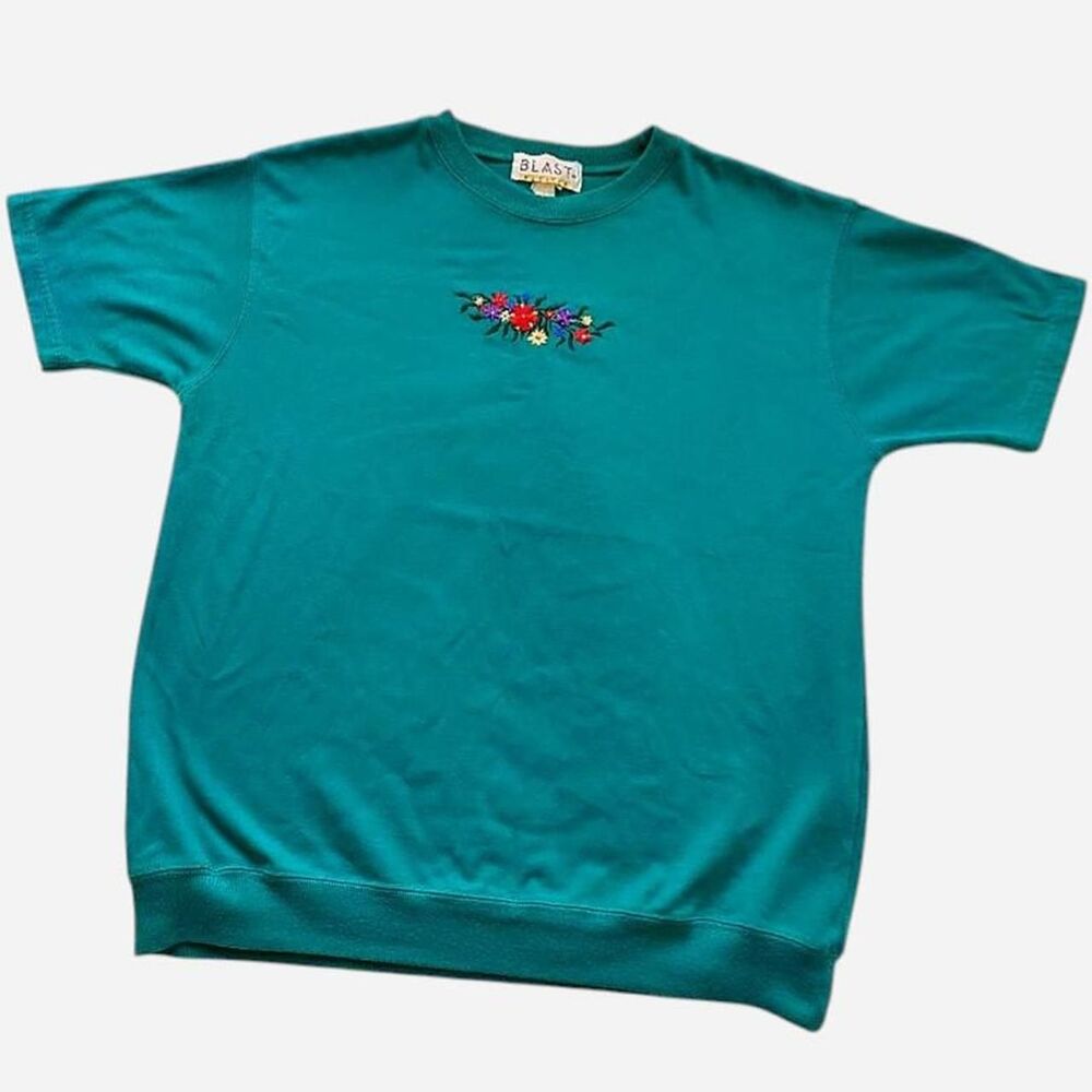 Vintage Green Turquoise Embroidered Floral Blast Brand Tee Boho Petite Small